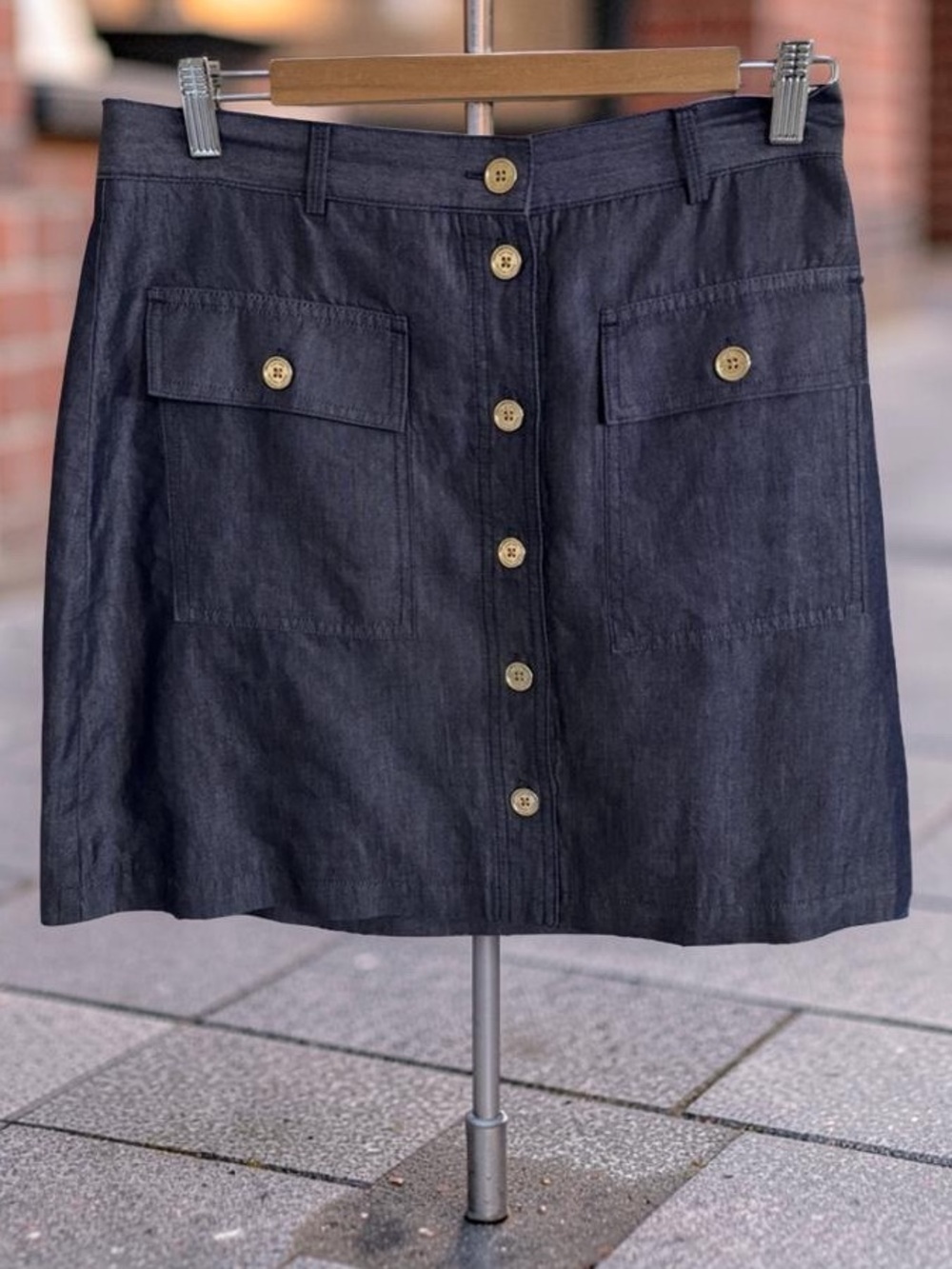 Michael Kors dark denim gold Button-Front A-Line Skirt ,Flap Pockets 57% cotton